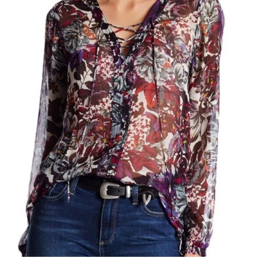 Lucky Brand Floral Print Boho Multicolor Long  Sleeve Semi-sheer Peasant Blouse.